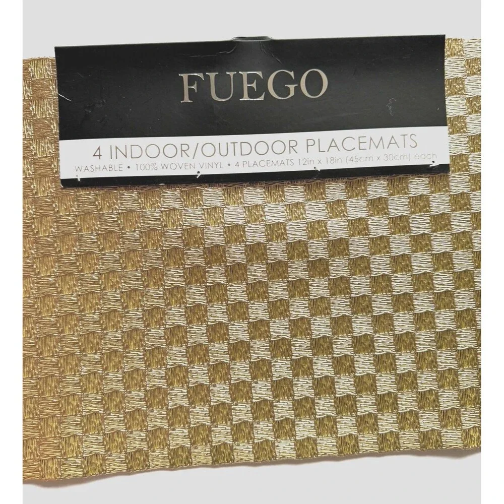 Fuego Squares Metallic Gold Woven Vinyl Placemats 12x18 Set of 4 Wipe Clean